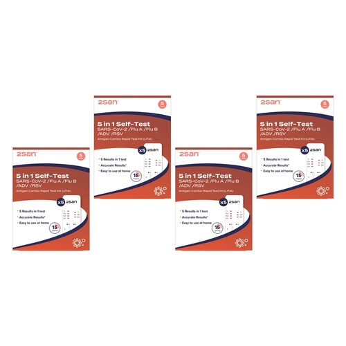 2San 5-in-1 COVID-19, Flu, RSV and Adenovirus Rapid Test 5 Pack Bundle of 4
