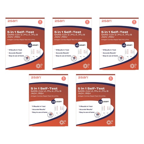 2San 5-in-1 COVID-19, Flu, RSV and Adenovirus Rapid Test 5 Pack Bundle of 5