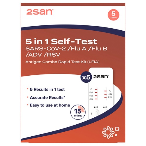 2San 5-in-1 COVID-19, Flu, RSV and Adenovirus Rapid Test 5 Pack
