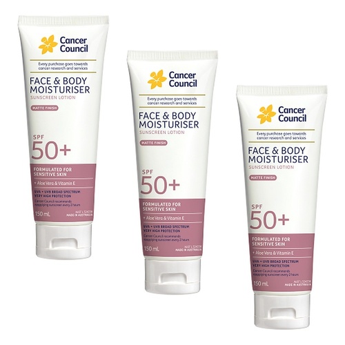 Cancer Council Face & Body Moisturiser Sunscreen Matte Finish SPF 50+ Pack of 3