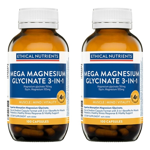 Ethical Nutrients Mega Magnesium Glycinate 3-in-1 100 Capsules Pack of 2