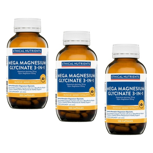 Ethical Nutrients Mega Magnesium Glycinate 3-in-1 100 Capsules Pack of 3
