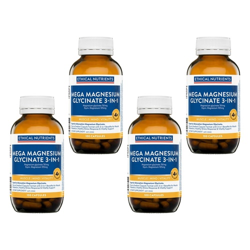 Ethical Nutrients Mega Magnesium Glycinate 3-in-1 100 Capsules Pack of 4