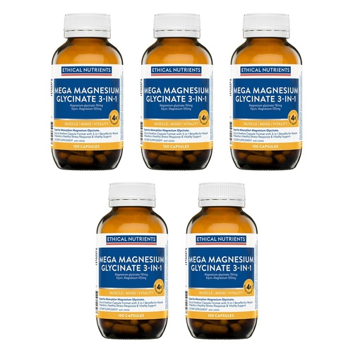 Ethical Nutrients Mega Magnesium Glycinate 3-in-1 100 Capsules Pack of 5