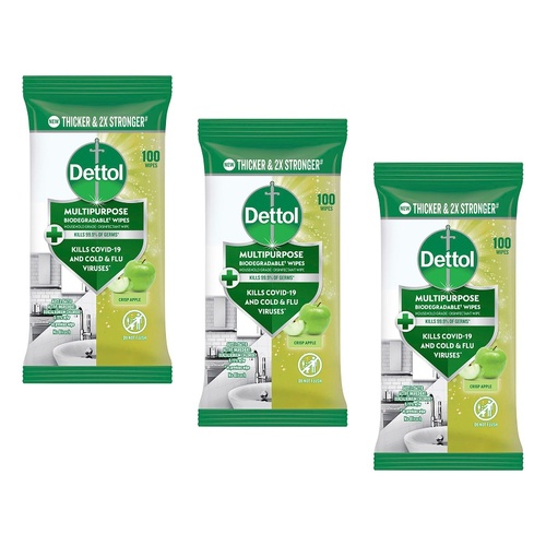 Dettol Multipurpose Wipes Crisp Apple 100 Pack Bundle of 3