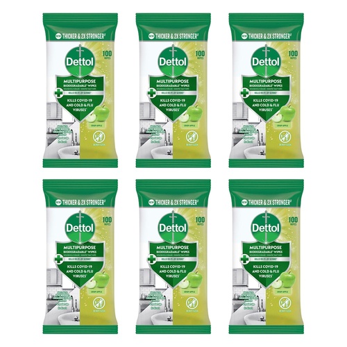 Dettol Multipurpose Wipes Crisp Apple 100 Pack Bundle of 6