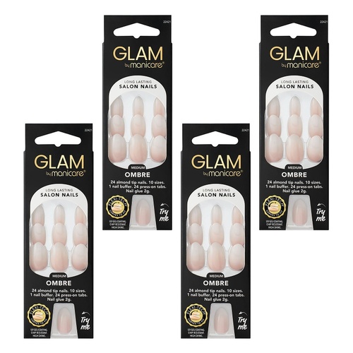 Glam by Manicare Press On Nails Medium Almond Fashion 24 Pack Bundle of 4