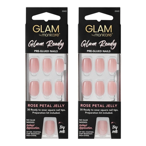 Glam by Manicare Glam Ready Pre-Glued Nails Rose Petal Jelly 30 Pack Bundle of 2