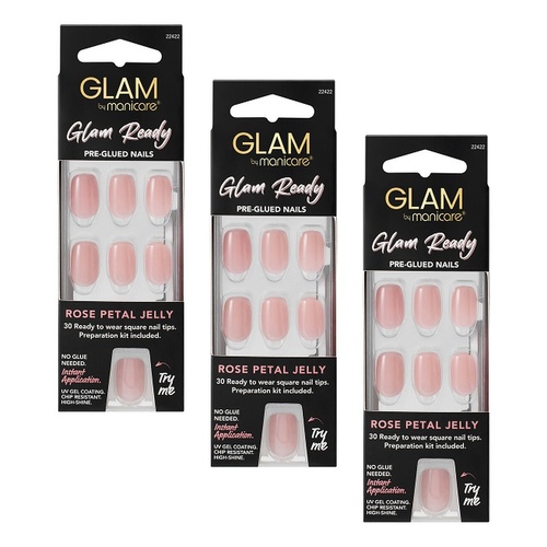 Glam by Manicare Glam Ready Pre-Glued Nails Rose Petal Jelly 30 Pack Bundle of 3
