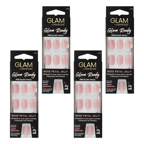 Glam by Manicare Glam Ready Pre-Glued Nails Rose Petal Jelly 30 Pack Bundle of 4