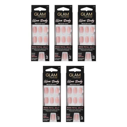 Glam by Manicare Glam Ready Pre-Glued Nails Rose Petal Jelly 30 Pack Bundle of 5