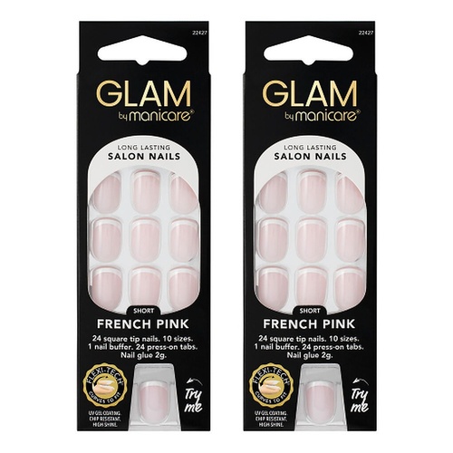 Glam by Manicare Press On Nails Short Square French Pink 24 Pack Bundle of 2