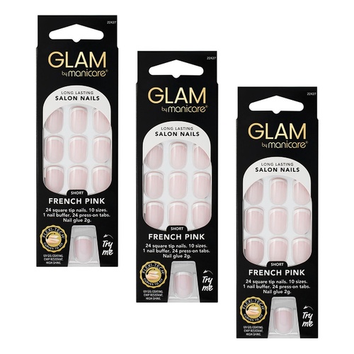 Glam by Manicare Press On Nails Short Square French Pink 24 Pack Bundle of 3