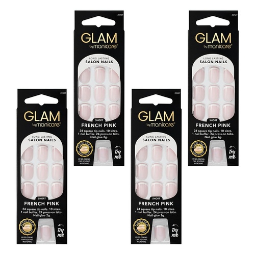 Glam by Manicare Press On Nails Short Square French Pink 24 Pack Bundle of 4