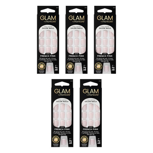 Glam by Manicare Press On Nails Short Square French Pink 24 Pack Bundle of 5