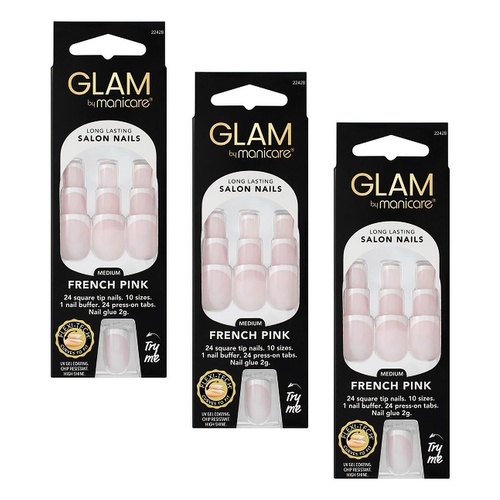 Glam by Manicare Press On Nails Medium Square French Pink 24 Pack Bundle of 3