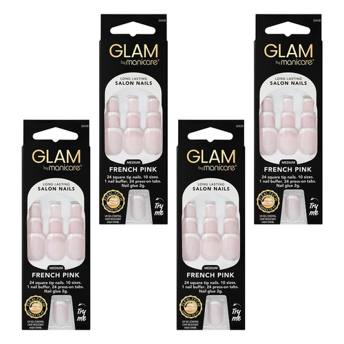 Glam by Manicare Press On Nails Medium Square French Pink 24 Pack Bundle of 4