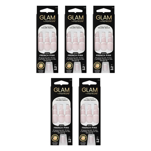 Glam by Manicare Press On Nails Medium Square French Pink 24 Pack Bundle of 5