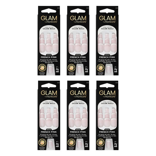 Glam by Manicare Press On Nails Medium Square French Pink 24 Pack Bundle of 6