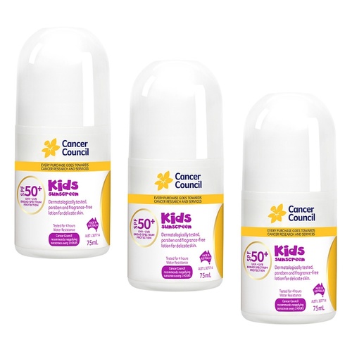 Cancer Council Kids Sunscreen Roll-On SPF 50+ 75mL Pack of 3