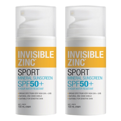 Invisible Zinc Sport 4 Hour Resistant Sunscreen SPF50+ 100mL Pack of 2