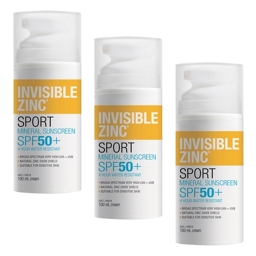 Invisible Zinc Sport 4 Hour Resistant Sunscreen SPF50+ 100mL Pack of 3