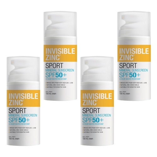 Invisible Zinc Sport 4 Hour Resistant Sunscreen SPF50+ 100mL Pack of 4