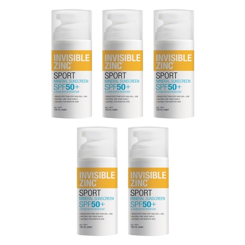 Invisible Zinc Sport 4 Hour Resistant Sunscreen SPF50+ 100mL Pack of 5