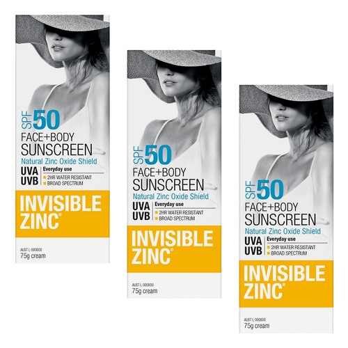 Invisible Zinc Face & Body Sunscreen SPF50 75g Pack of 3