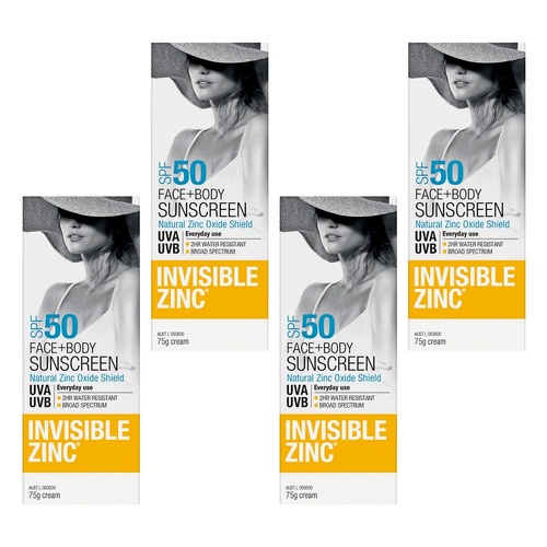 Invisible Zinc Face & Body Sunscreen SPF50 75g Pack of 4