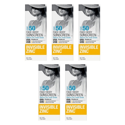 Invisible Zinc Face & Body Sunscreen SPF50 75g Pack of 5