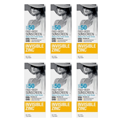 Invisible Zinc Face & Body Sunscreen SPF50 75g Pack of 6