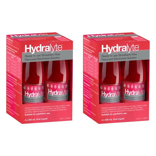 Hydralyte Electrolyte Solution Strawberry Kiwi Flavoured 4 x 250mL Pack of 2