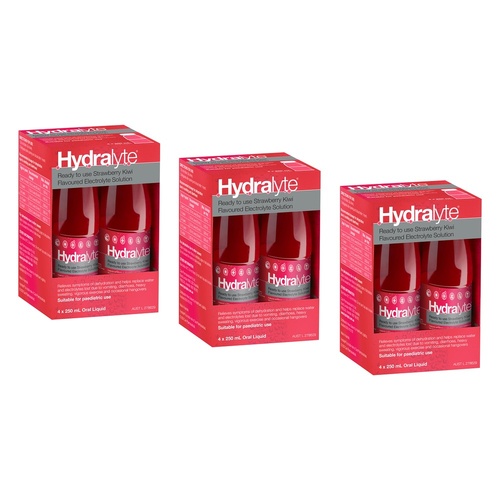 Hydralyte Electrolyte Solution Strawberry Kiwi Flavoured 4 x 250mL Pack of 3