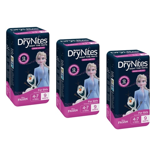 Huggies DryNites Night Time Pants Girls 4-7 Years 9 Pack x 3 Bundle of 3