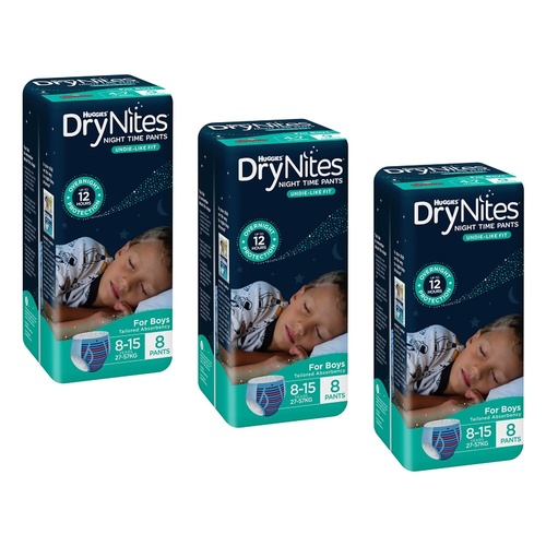Huggies DryNites Night Time Pants Boys 8-15 Years 8 Pack x 3 Bundle of 3