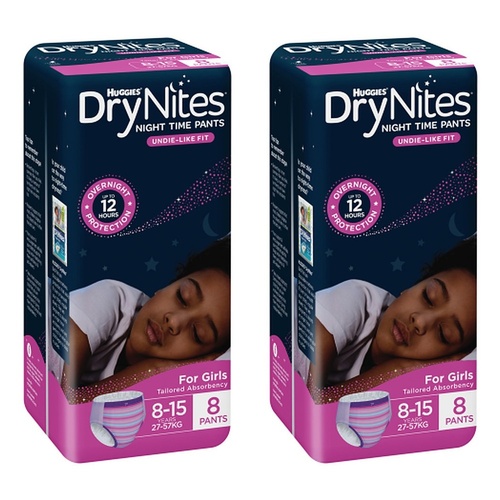 Huggies DryNites Night Time Pants Girls 8-15 Years 8 Pack x 3 Bundle of 2