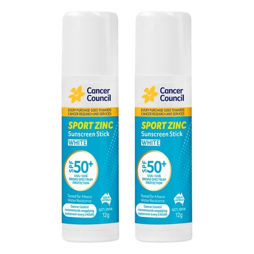 Cancer Council Sport Zinc Sunscreen Stick White SPF 50+ 12g Pack of 2