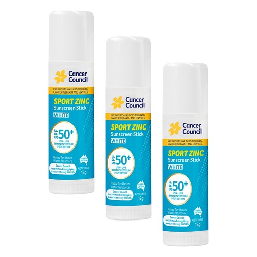 Cancer Council Sport Zinc Sunscreen Stick White SPF 50+ 12g Pack of 3