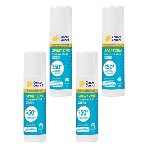 Cancer Council Sport Zinc Sunscreen Stick White SPF 50+ 12g Pack of 4