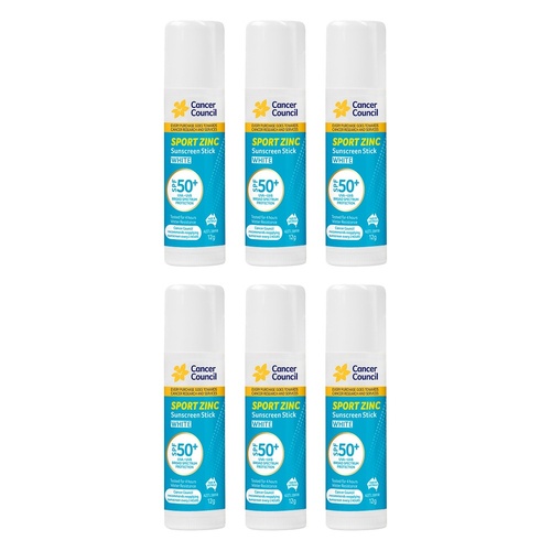 Cancer Council Sport Zinc Sunscreen Stick White SPF 50+ 12g Pack of 6