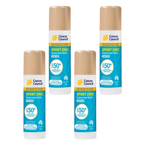 Cancer Council Sport Zinc Sunscreen Stick Tinted SPF 50+ 12g Pack of 4