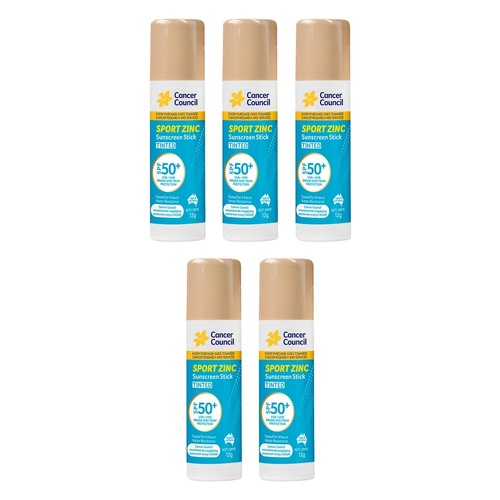 Cancer Council Sport Zinc Sunscreen Stick Tinted SPF 50+ 12g Pack of 5