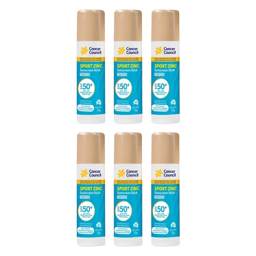 Cancer Council Sport Zinc Sunscreen Stick Tinted SPF 50+ 12g Pack of 6