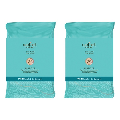 WOTNOT Face Wipes Sensitive Twin 2 x 25 Pack Bundle of 2