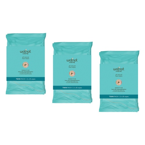 WOTNOT Face Wipes Sensitive Twin 2 x 25 Pack Bundle of 3