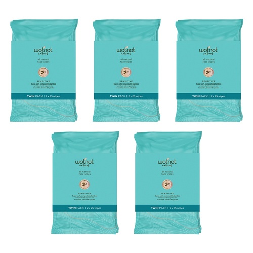 WOTNOT Face Wipes Sensitive Twin 2 x 25 Pack Bundle of 5