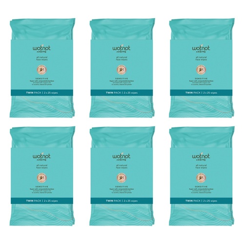 WOTNOT Face Wipes Sensitive Twin 2 x 25 Pack Bundle of 6