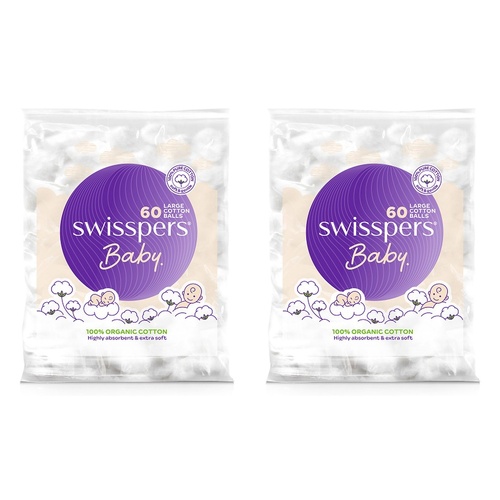 Swisspers Baby Organic Cotton Large Balls 60 Pack x 6 Bundle of 2