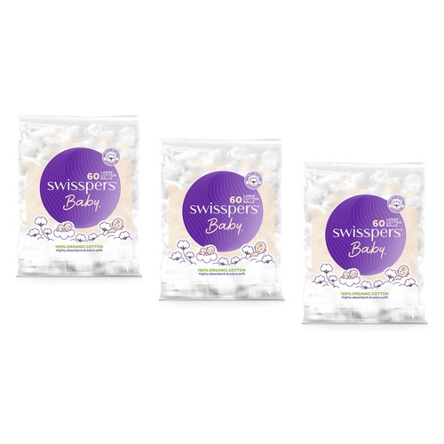 Swisspers Baby Organic Cotton Large Balls 60 Pack x 6 Bundle of 3